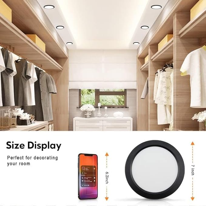 7.3" Flush Mount Dimmable LED Ceiling Light - 5000K Black, Ultra Thin Round Fixture for Bedroom, Bathroom, Kitchen, Hallway, Basement, Closet - 6Pack