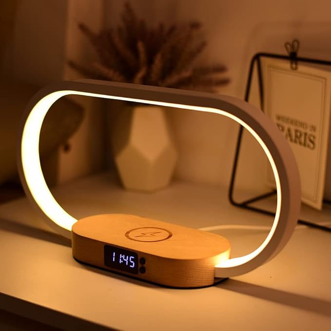 Donewin Bedside Lamp with USB Port,Bedroom Lamp with Wireless Charger,Nightstand Lamp with Clock,Table Lamps for Nightstand,Touch Lamps for Bedroom,Wood Decor,Stepless Dimming&3 Color Modes