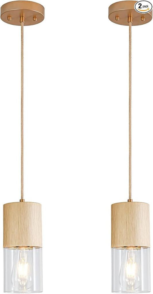 2-Pack Gold Pendant Light Fixtures, Adjustable Modern Pendant Lights for Kitchen Island, Industrial Clear Glass Pendant Lights for Dining Table Hallway Bedroom Living Room