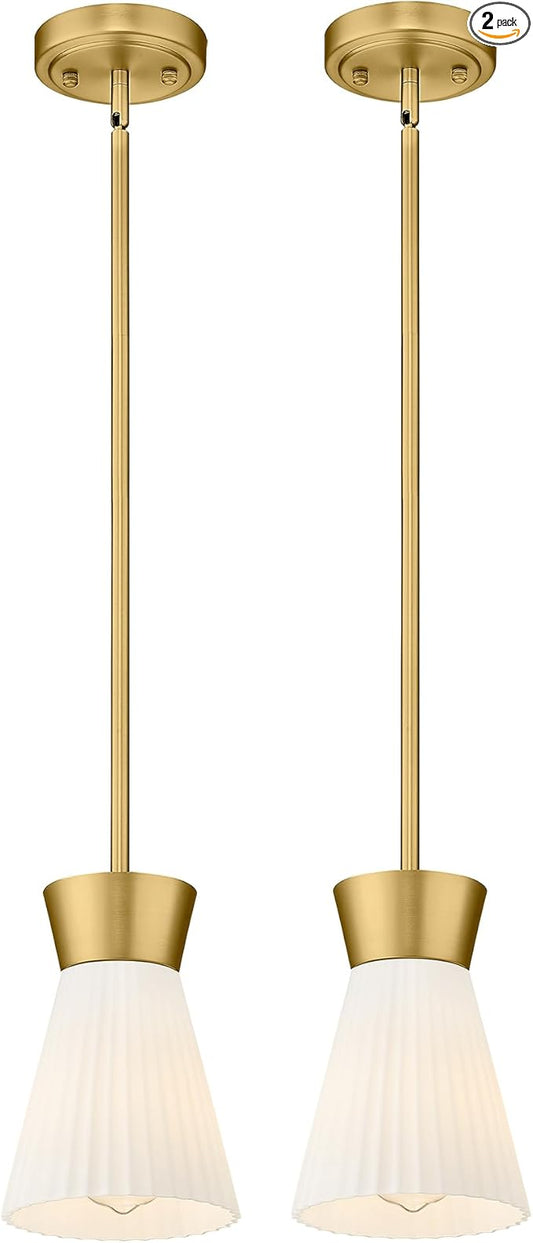 2 Packs Modern Pendant Light Fixtures, HWH Kitchen Island Lighting for Living Rooms, Dining Room, Hanging Light with Milk White Striped Glass, Gold Finish, 5HZG107MIL-2PK BG