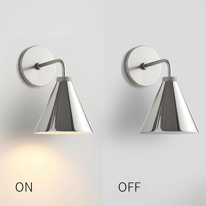 Retro Industrial Metal Cone Sconce Light - Vintage-Inspired Modern Silvery Wall Sconce with Metal Shade, Wall Mount Lighting for Bedroom, Hallway, Living Room (Silvery, 11 inch)