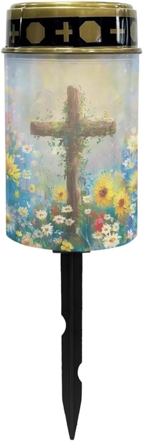 Light for Prayer Cemetery Solar Lights for Grave Cemetery Decor Candle Lamp Cross and Floral Grave Solar Lights Garden Cemetery Decor Memorial Gift