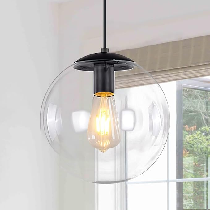KoKo&Yukina 8 inch Globe Pendant Lighting for Kitchen Island Mid Century Modern Hanging Light Fixture with Clear Globe Glass Black Industrial Hanging Ceiling Lights for Bathroom Entryway (Bulb Incl.)