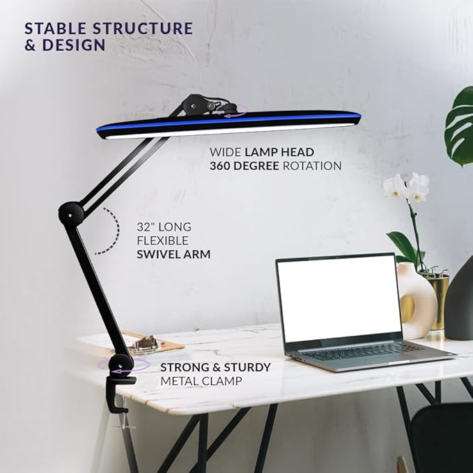 Neatfi XL 2,200 Lumens LED Task Lamp, 20W, 182 SMD LEDs, 23-Inch Ultra-Wide, 4 Brightness Levels, 3 Light Modes, Dimmable, Eye-Caring, Glare-Free (CCT with Clamp, Black)