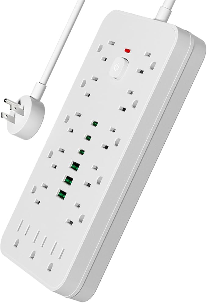 Surge Protector Power Strip 10 FT Flat Plug, 1875W/10A, 13 Multiple AC Outlets with 3 USB-A 3 USB C, One Touch Switch Button,Perfect for Home, Office, or Travel Use. White