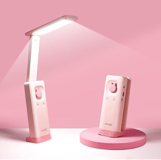 VAVOFO Cute Desk Lamp, Foldable & Portable LED Lamp with 6000mAh Rechargeable Battery, 3 Color Modes, USB-C Cordless Study Lamp for Bedroom, Office, Kids Room (Pink)