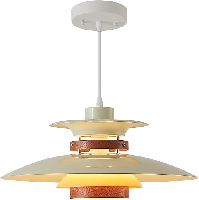 Modern Decor Adjustable Pendant Lamp Kitchen Island, Aluminum and Wood Finish,1-Light E26 Base Ceiling Hanging Light for Dining Room Shop Restaurant (Beige+Dark Wood Grain, 35cm)