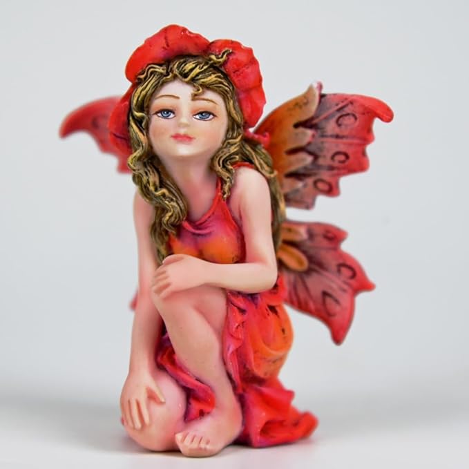 Fantasy Red Autumn Fairy Figurine, 3.15 Inch Flower Hat Elf Statue, Hand-Painted Gradient Resin Decor with Textured Wings for Fall Garden, Desk, Plant Pot