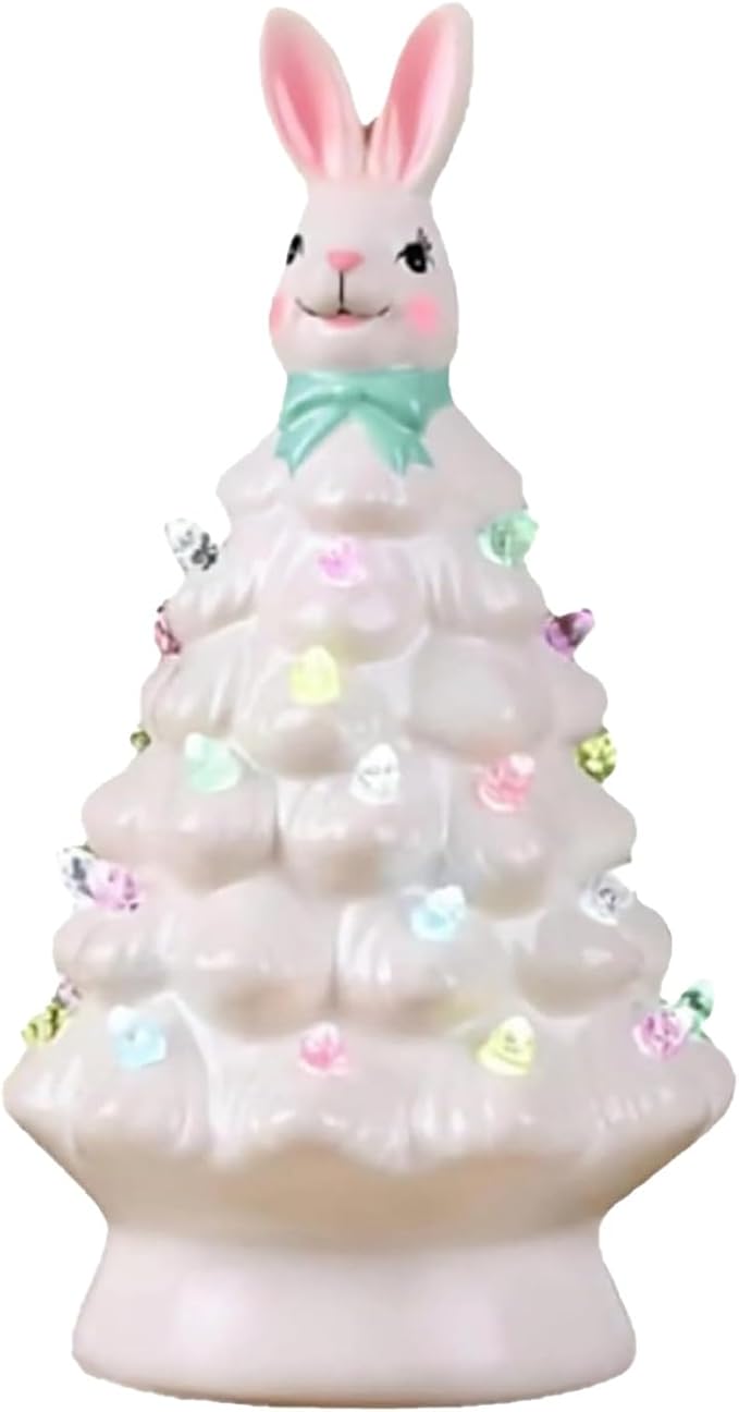 Easter Bunny Tree,Bunny lamp,Glowing Bunny Imitation CeramicTree,Resin BunnyFigurine with Colorful Lamp,Light Up Tree with Rabbit Ears,Easter Night Light for Home Decorations (A)