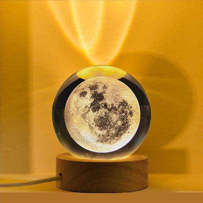 3D Laser Engraved Moon Crystal Ball Lamp, 2.4" Glass Sphere Decorative Balls, Moon Planet Space Globe Night Light Gifts for Women