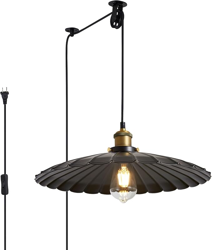 Plug in Pendant Lights for Ceiling,15.7 Inch Retro Black Metal Shade Plug in Hanging Lamp On/Off Switch Dining Room Hallway Hanging Pendant Light for Farmhouse with Light Bulb