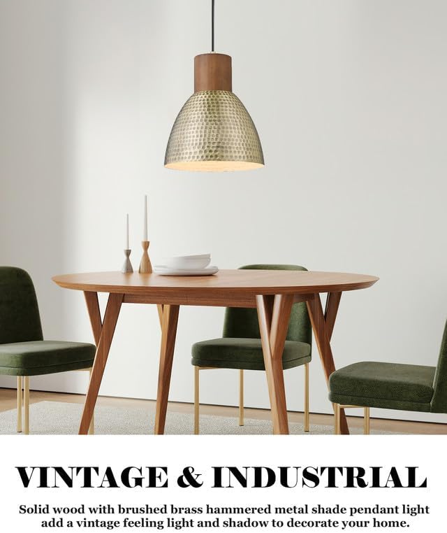 ELYONA Vintage Hammered Pendant Light Fixtures, 10.2” Industrial Metal Hanging Bar Lamp, Solid Wood Antique Gold Adjustable Pendant Light for Kitchen Island, Farmhouse, Dining Room, Brushed Brass