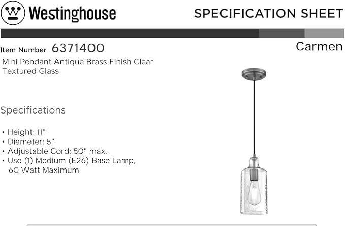 Westinghouse 6371400, Antique Brass Finish with Clear Textured Glass Carmen One-Light Indoor Mini Pendant, 120 Volts