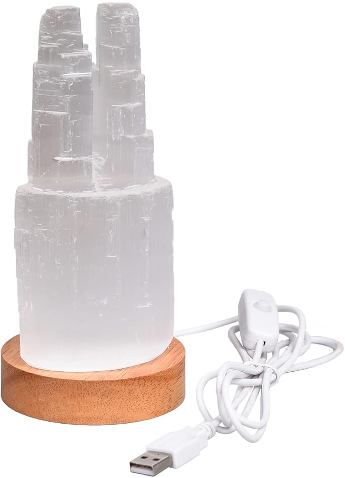 JIC Gem USB Selenite Skyscraper Healing Crystal Lamp 6 Inch with Wooden LED Light Stand Base