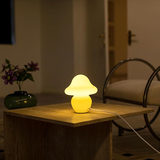 Mushroom Lamp White Glass Mushroom Table Lamp for Bedrooms, Living Room, Aesthetic Lamps for Bedroom, Cute Bedside Lamp (Yellow)