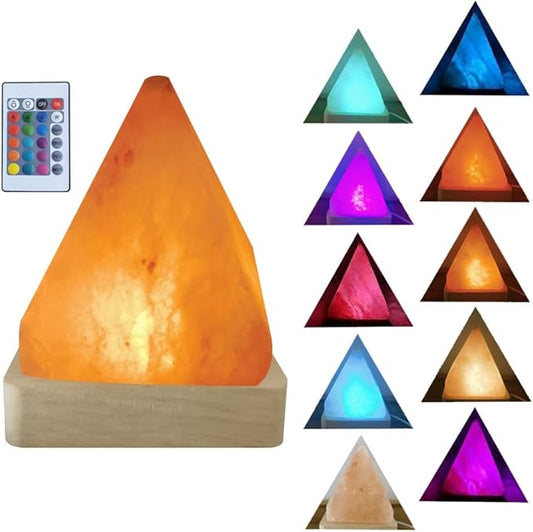 USB Rainbow Gradient Himalayan Salt lamp, Solid Wood Base Atmosphere Decoration Pyramids Salt Light with Remote Control, Natural Crystal Stone Bedside Night lamp, Handmade Crafts.