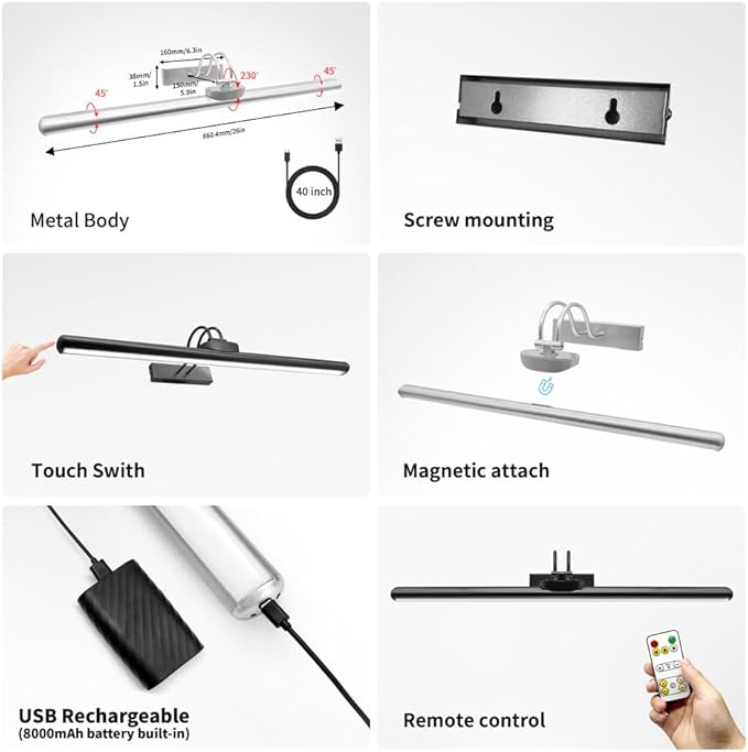 26" Wireless Picture Lights, 8000 mAh Rechargeable Battery Art Display Light with Remote Control, Dimmable/Timer Off Dartboard Light, 3 Lighting Modes Full Metal Painting Lights (Nickel-2 Pack)