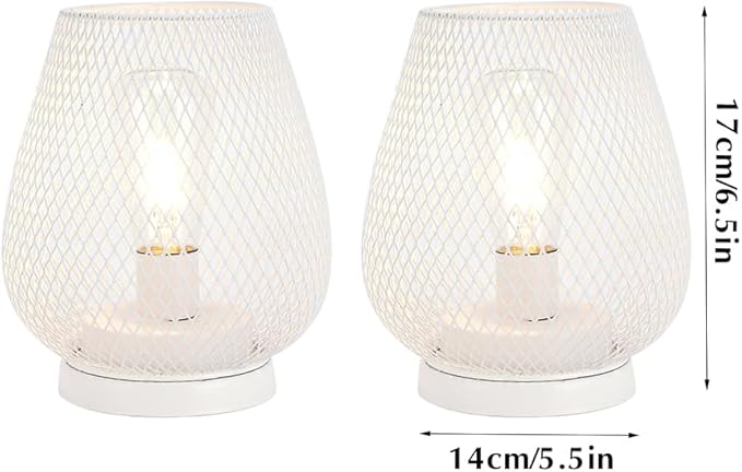 JHY DESIGN Set of 2 Metal Cage LED Lanterns Battery Powered Cordless Accent Light with LED Great for Weddings Parties Patio Events for Indoors Outdoors(White)