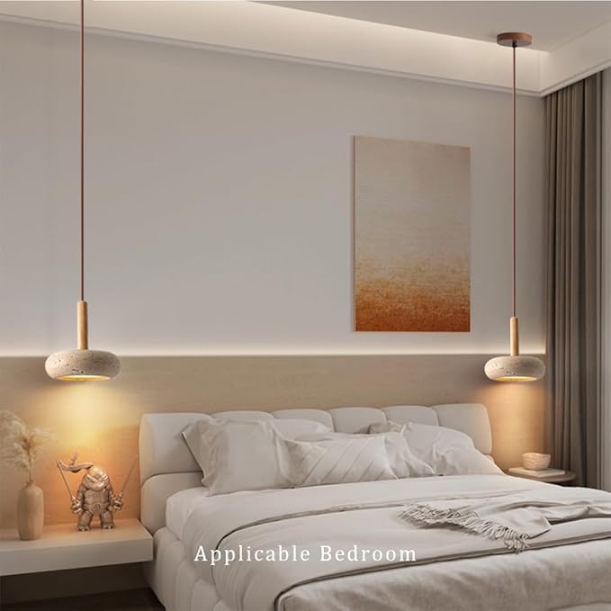 Wabi Sabi Pendant Light, 5.9" Yellow Travertine Pendant Light with Round Natural Stone Shade, Nordic Wood Pendant Lamp for Bedroom Bedside Light Living Room Kitchen Island Entryway Hallway