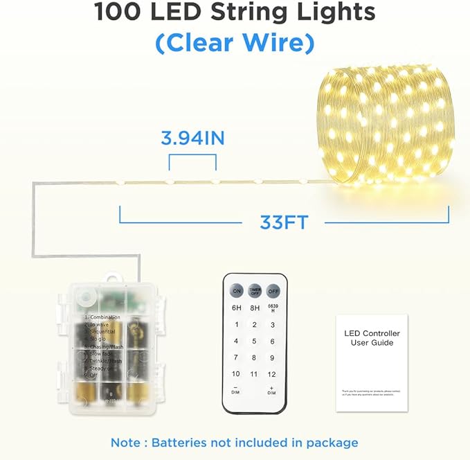 Battery Operated String Lights, 33ft 100 LED Warm White & Multicolor Fairy String Lights Battery Powered w/Remote & Timer for Indoor Outdoor Christmas Trees Decoration Bedroom Patio