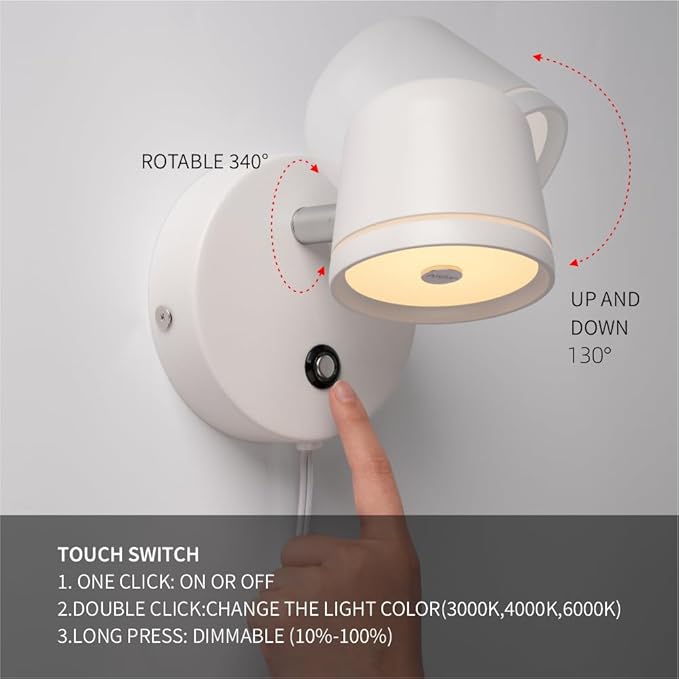 Aisilan Plug in Wall Sconce, Touch Dimmable Wall Light with 3 Color Temperatures, Adjustable 7W LED Sconce CRI97, Modern White Aluminum Plug in Wall Lamp for Bedroom Bedside Reading