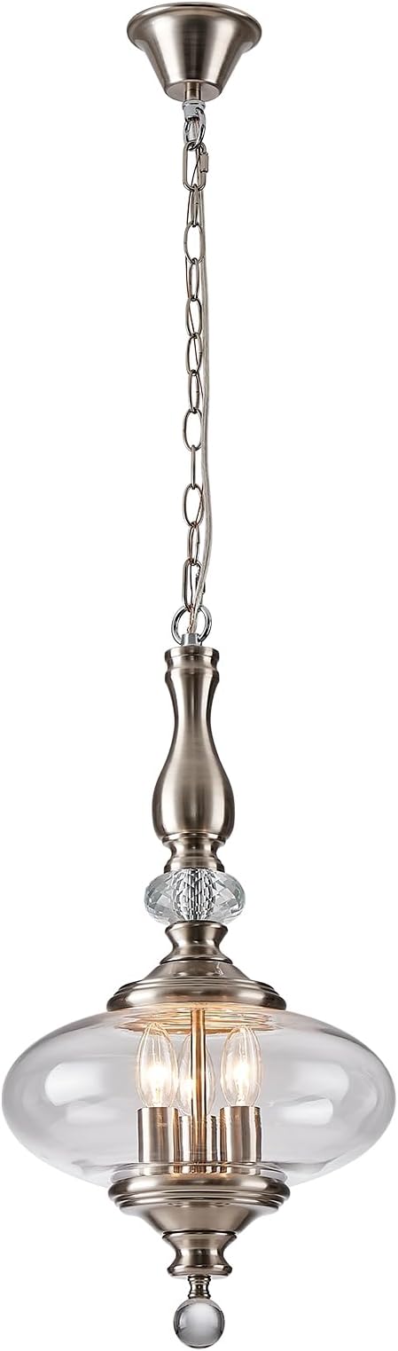 Brushed Nickel Pendant Light 11.8'' Wide 23.6'' High Modern Glass Pendant Light for Dining Room, Kitchen, Hallway Adjustable Height