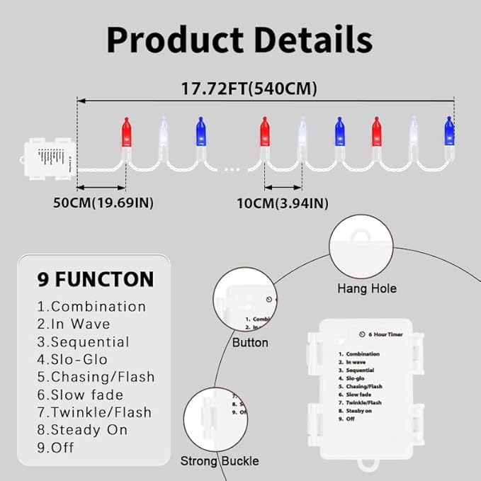 LAMPHOME 50 LED Outdoor Red White Blue Patriotic Lights, 16 FT Mini String Light with 9 Modes & 6 Hour Timer, Waterproof Battery Operated for Independence Day Holiday Memorial Day Party Decor