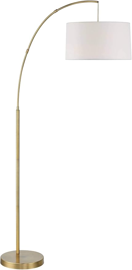 360 Lighting Cora Modern Mid Century Arc Floor Lamp Standing 72" Tall Classic Brass Gold White Linen Drum Shade Decor for Living Room Reading Bedroom Office House Home Decor