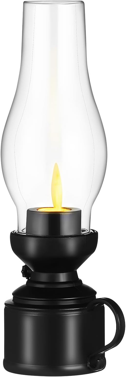 Zerodeko Kerosene Lamp Vintage Flameless Table Lamp Led Kerosene Lantern Clear Hurricane Lamp Battery Operated Nightstand for Bedroom Living Room Black