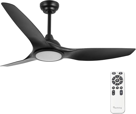 52 Inch 6 Speed High CFM Quiet DC Motor Modern Ceiling Fan with Lights Remote Control, Indoor 3 Blade Black Ceiling Fan for Bedroom Living Room