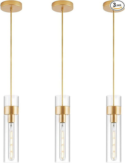 3 Pack Gold Pendant Lights Kitchen Island (Bulbs Included), Adjustable Modern Glass Pendant Light Over Island, Industrial Pendant Light Fixtures for Dining Room Hallway Bedroom Living Room