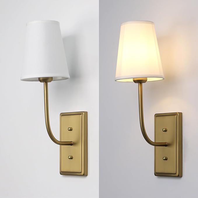 Farmhouse Brass Wall Sconce 1-Light, Linen Fabric Shade Wall Lamp Hardwired Indoor Wall Light for Bedroom Living Room Vanity Bathroom (White Cloth 2-Pack)