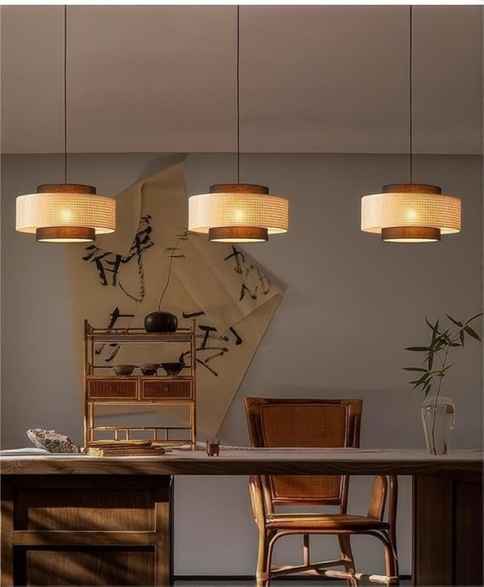 LIGHTLAND Rattan Farmhouse Pendant Light Fixture, Hand Woven Dining Room Pendant Light with Fabric Shade, Rustic Pendant Hanging Light Fixture for Kitchen Island Rattan Pendant Lighting 20''
