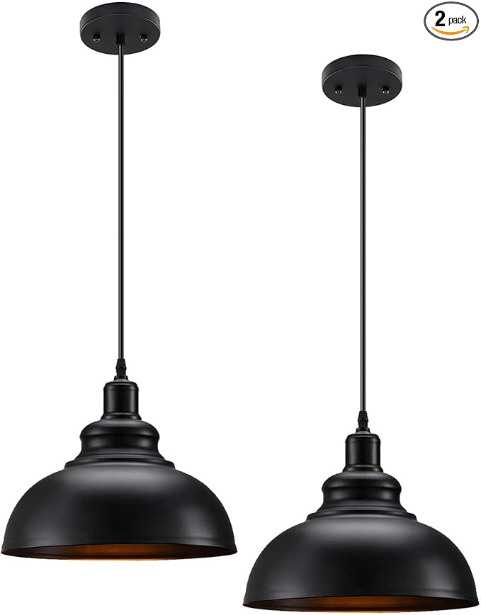 Asnxcju Matte Black Pendant Light, Industrial Farmhouse Pendant Light Vintage Hanging Ceiling Lamp Fixtures for Kitchen Island, Barn, Dining Room 2 Pack