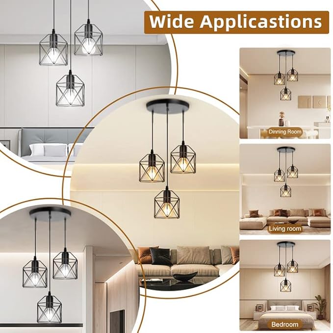 CANMEIJIA 3-Light Pendant Light Fixtures, Farmhouse Kitchen Island Light Fixture, Industrial Hanging Pendant Lighting for Dining Room Bedroom, Black Metal Cage Pendant, E26 Base, Bulbs Not Included