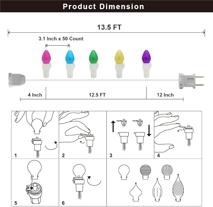 Easter String Lights LED Multi Color Glass C3 Lights 50 Count Easter Pastel Light 120V UL Certified Connectable Outdoor String Light White Wire for Party Patio Home