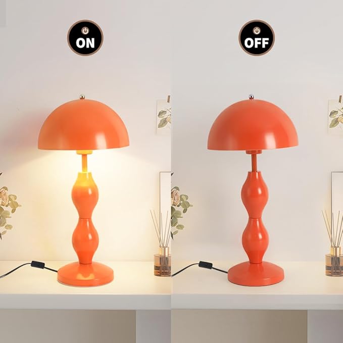 Orange Mushroom Lamp,Bedside Table Lamp for Living Room,Mid Century Modern Table Lamps for Bedroom,Mushroom Bedside Light,Home Office Aesthetic Decor Nightstand Lamps,Flowerpot Desk Light,Orange Shade