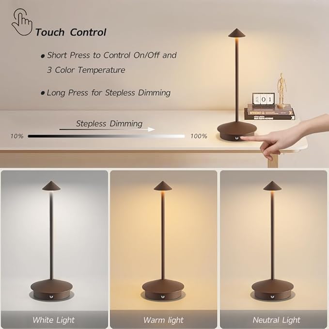 2 Pack Aluminum Cordless Table Lamp, 6000mAh Rechargeable Table Lamps, Portable Touch LED Lamp, Outdoor Waterproof Dimmable Cordless Rechargeable Table Lamps for Restaurant/Patio- Black (Zongse)