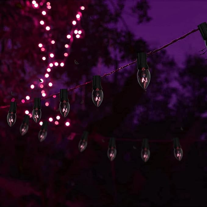 GOOTHY 25 Pack C7 Halloween Replacement Light Bulbs, Transparent Black Light Purple Bulbs for Halloween Outdoor Patio String Lights, C7/E12 Candelabra Base, 5 Watt Night Light Bulbs, Dark Purple