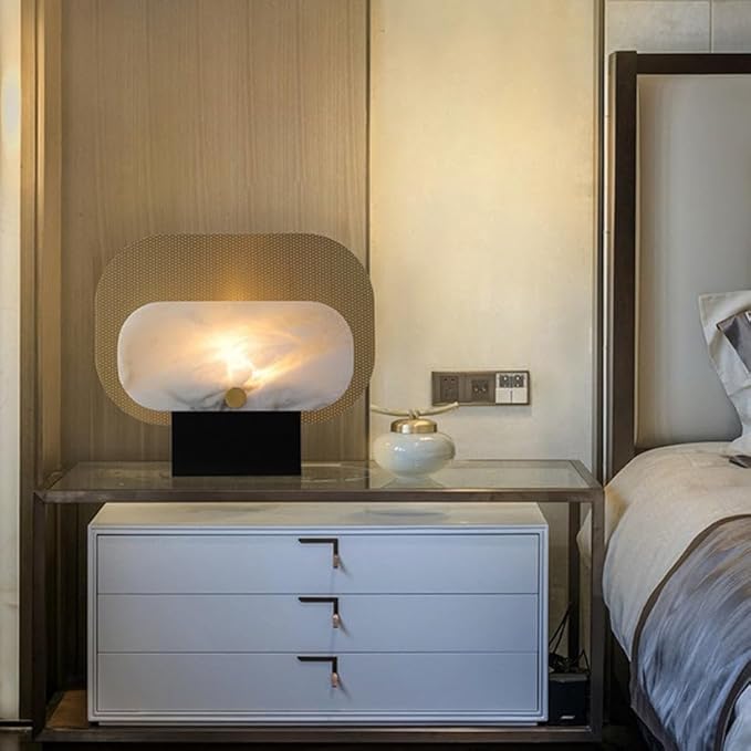 Enigma W Modern Bauhaus Alabaster Table Lamp with Black Iron Base | 2700K Warm White LED | Dimmable led lamp for Bedroom, Living Room, Office | W 35cm x H 30cm