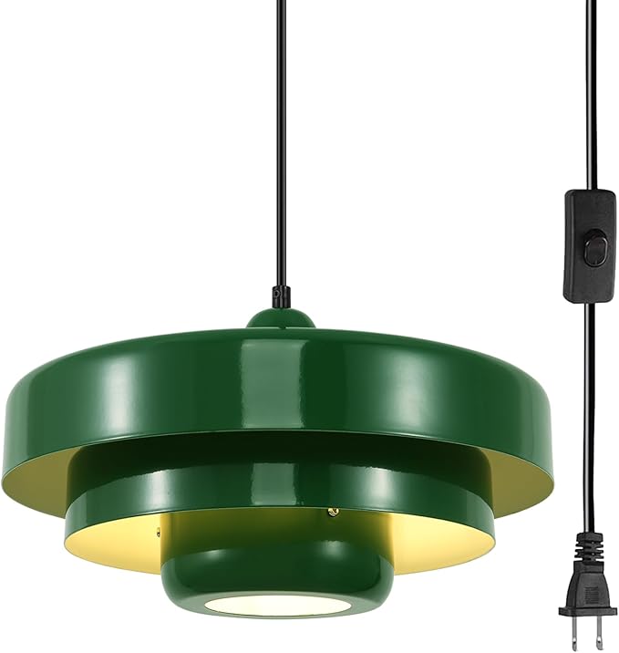 Industrial Vintage Green Plug-in Pendant Light, Adjustable Hanging Lamp with Metal Shade & Switch, No Hardwire Ceiling Light for Kitchen, Living Room, Office, Bar, Farmhouse