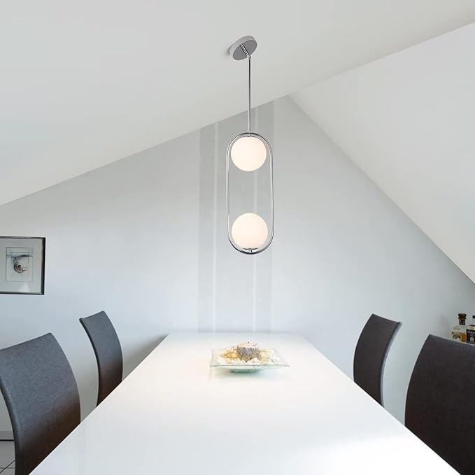 SeeU Chrome Pendant Lighting Mid Century Pendant Light Fixture Hanging Lighting Fixture with White Globe Glass Lampshade Pendant Chandelier for Kitchen Island Dining Room Bedroom
