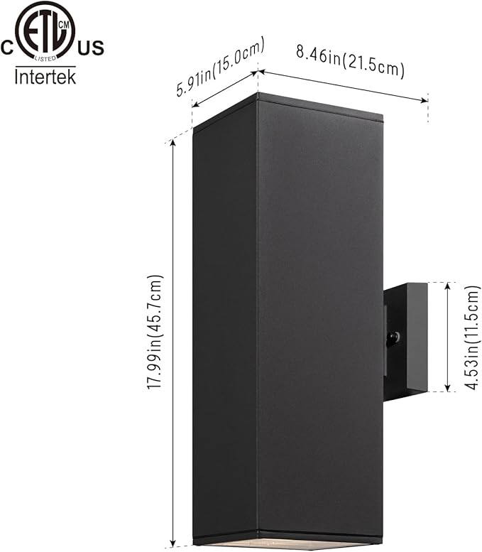 mirrea Modern Outdoor Porch Light Patio Light in 2 Lights with Aluminum Rectangular Tube and Tempered Glass Cover Waterproof Wall Sconce 2 Pack (Matte Black 18")