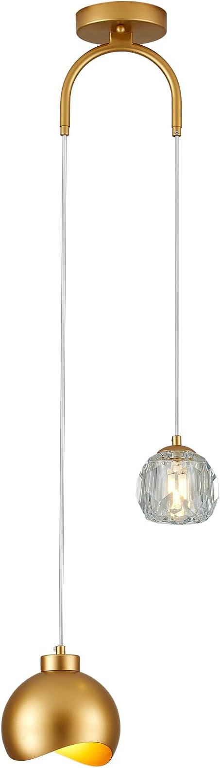 2 - Light Modern Pendant Light with Crystal Accent, Gold Pendant Light Hallway, Unique Hanging Light Fixture for Entryway Bedroom Kitchen Island