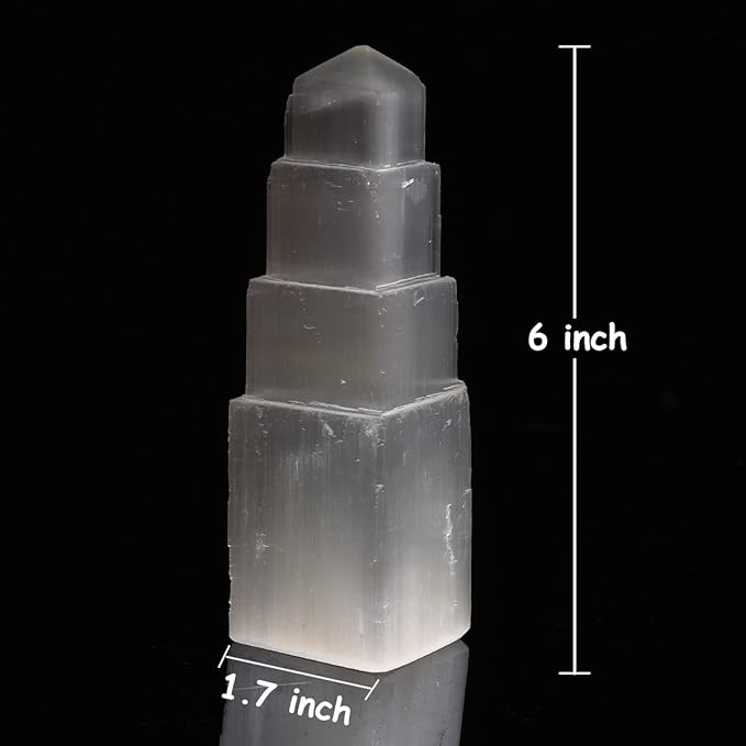 JIC Gem USB Selenite Tower Lamp Natural Selenite Skyscraper Healing Crystal Lamp 6 Inch with Wooden Light Stand Base