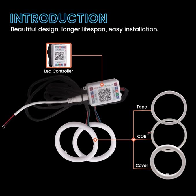 YM E-Bright 1 Set 70MM RGB Angel Eyes LED Halo Rings for Car Lamp Daytime Running Light COB Chips Multil-Color Circle Ring Mobile App Control with PVC Housing DC 12V