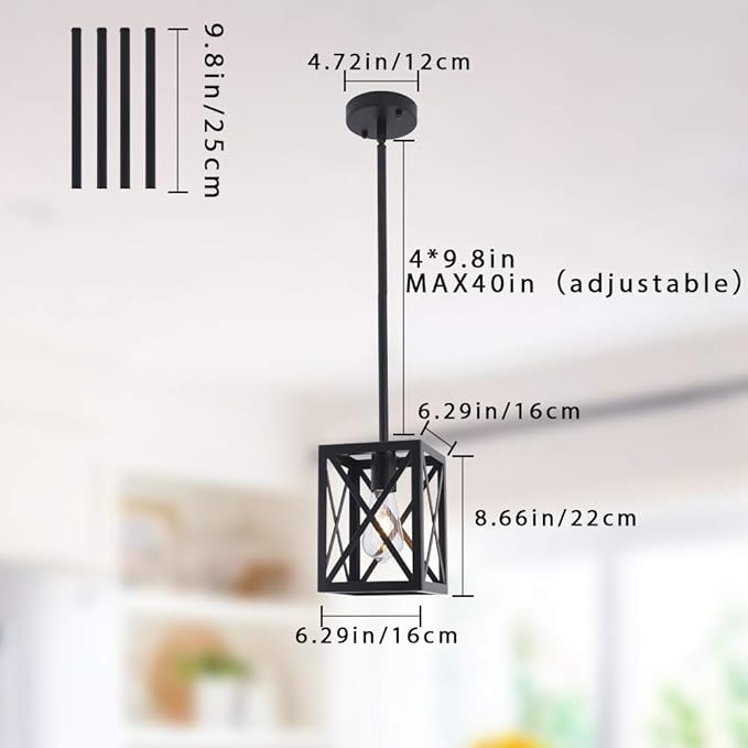 Industrial Pendant Light Fixture, Single Light Black Mini Hanging Chandelier Farmhouse Kitchen Island Lantern Cage Ceiling Lights for Dining Room Restaurant Cafe Hallway Bar Barn