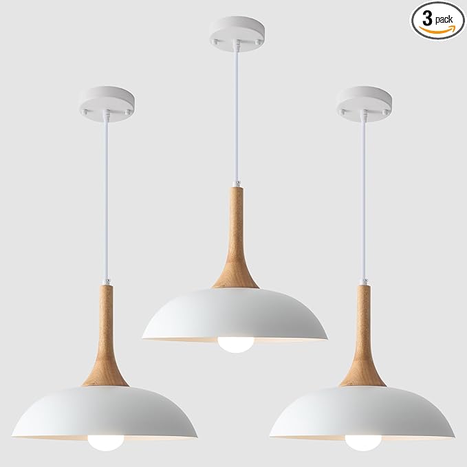 White and Wood Pendant Light, Modern White Pendant Light 3 Packs, 13.8 inch White Wood Pendant Lights Kitchen Island for Kitchen, Dining Room, Living Room