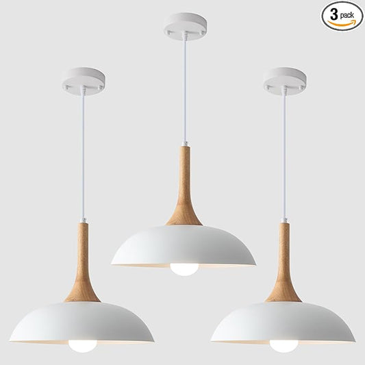White and Wood Pendant Light, Modern White Pendant Light 3 Packs, 13.8 inch White Wood Pendant Lights Kitchen Island for Kitchen, Dining Room, Living Room