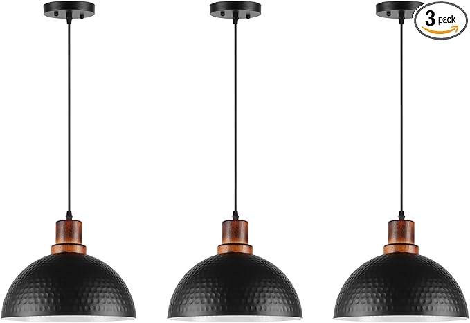 Solid Wood Pendant Lights 3 Pack, 11.8" Modern Matte Black Dome Hammered Metal Hanging Ceiling Light Fixtures Industrial Lighting for Kitchen Island Dining Living Room Restaurant Farmhouse